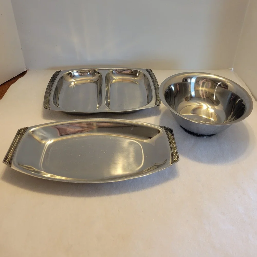 Vtg MCM Madeira Stainless‎ Serving Set Trays Divided Dish Bowl Floral Rim